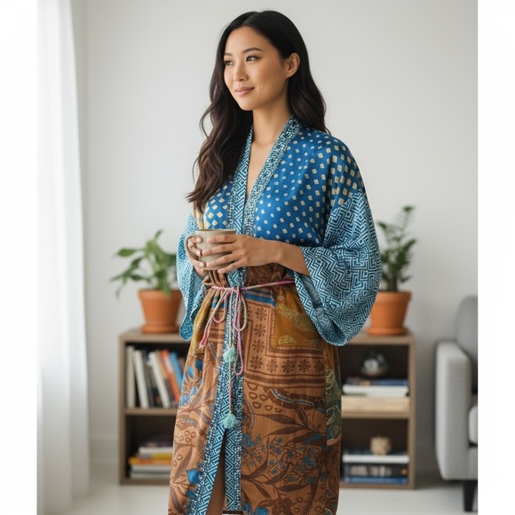 NEW Guru 100% Silk Upcycled Made in India from Vintage Saris One Size Fit M/L - Picture 4 of 16